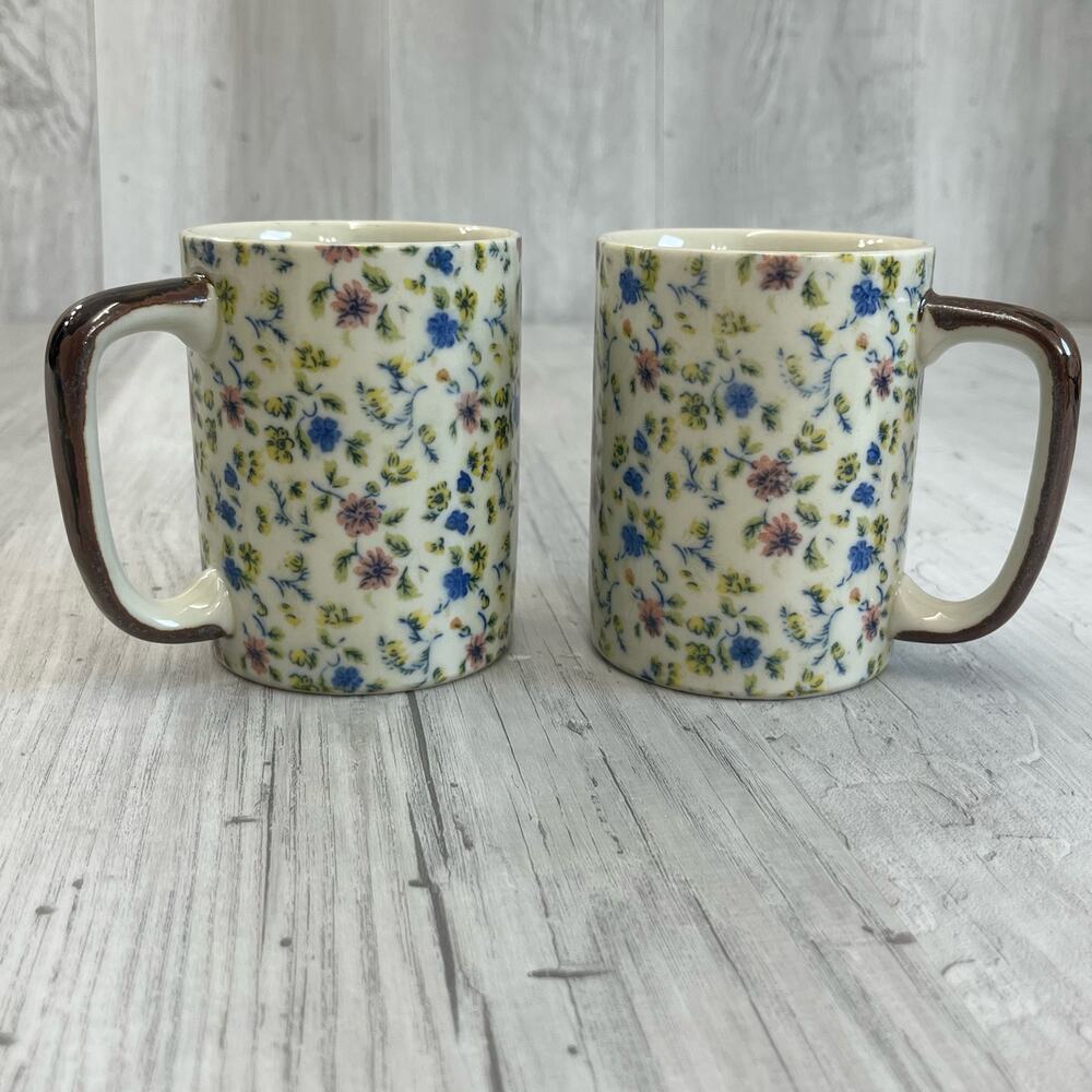Two Small Vintage Floral Coffee Tea Mugs Dainty Fairy Cottage Woodland Flowers